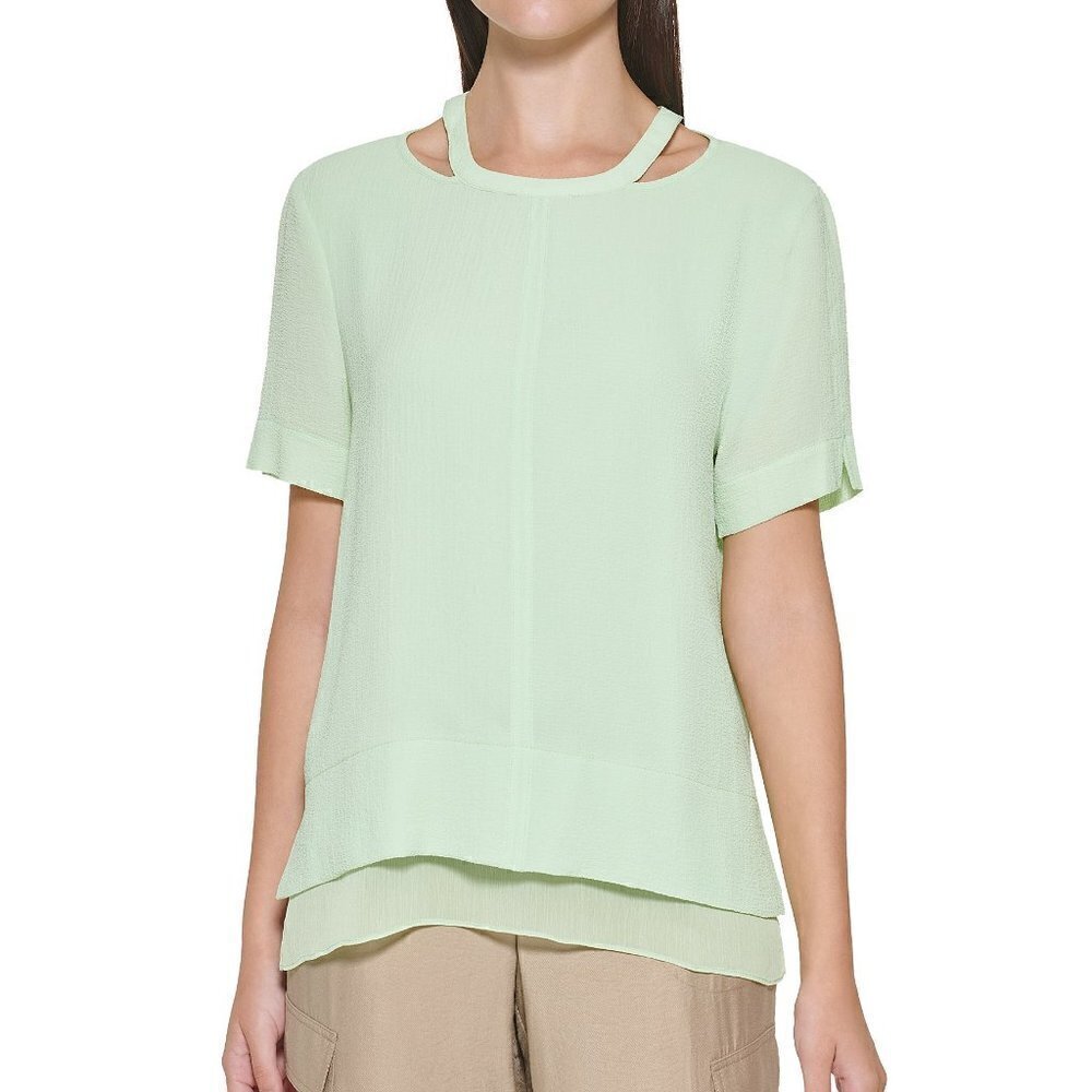 DKNY bubble crepe round band cutout crew neck chiffon blouse size XL